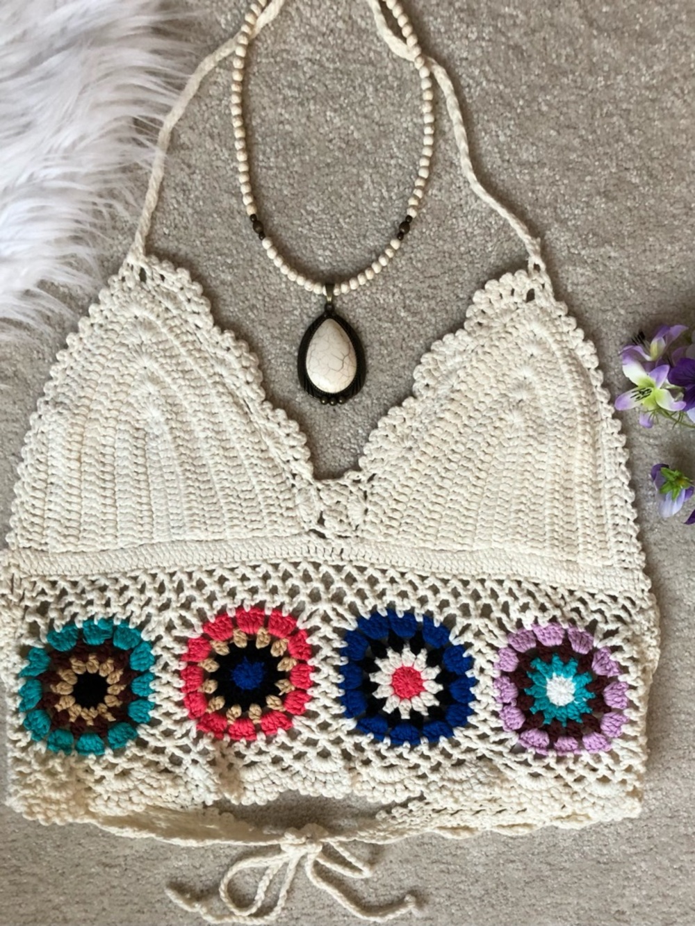 NEW Hippie Granny Square Festival Crochet Crop Lined Halter Top Large